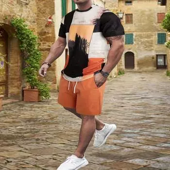 Новая футболка Color Block + Gradient, мужской двухкомпонентный летний костюм с шортами, модная уличная повседневная спортивная одежда с 3D-печатью для мужчин S