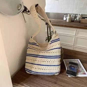 New color matching woven bag large capacity simple portable shoulder bag fashionable commuter vacation beach bag синий
