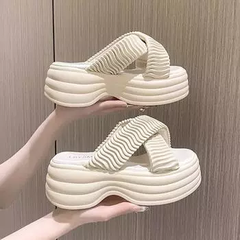 New Comfor Pleated Leather Broadband Crossing Platform Slippers Women Shoe Indoor/outdoor Slides Luxury Thick Bottom Sandal 34 бежевый