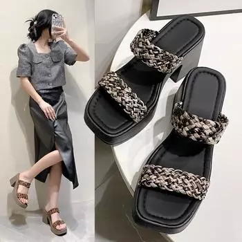 new comfortable thick heel non-slip women shoes fashion banquet high-heeled slippers woven color twist one-line shoes cool 35