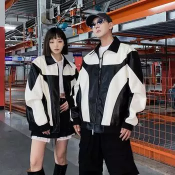Новая кожаная куртка контрастного цвета для пар, осеннее пальто, новая популярная одежда для полетов и мотоциклов S