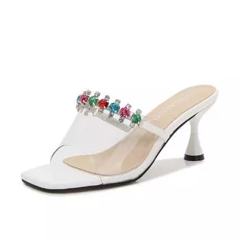 New cool slippers women s fish mouth colored diamonds decorative temperament lady daily leisure shopping versatile wear high-heeled sandals 35