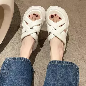 New cool slippers women s woven open-toed sandals women s solid color muffin bottom sandals round head beach women s shoes 35