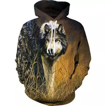 Новая крутая мужская толстовка с капюшоном с 3D-принтом в виде волка на весну и осень, гендерно-нейтральная модная повседневная свободная толстовка-пуловер S