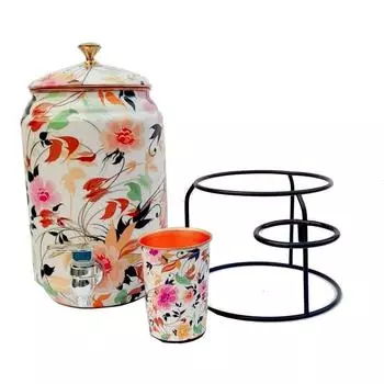 New COOLER/MATKA/GHADA/DISPENSER WITH 300 ML SAME PRINTED ONE GLASS & WITH STAND 40 CMS HEIGHT 19X19 DIA 1500 GMS