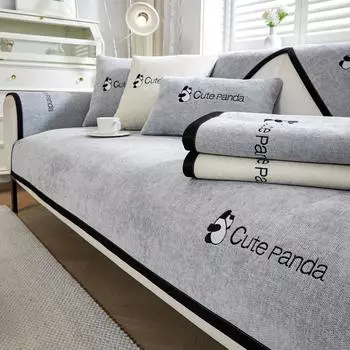 New Cotton Linen Sofa Cover Solid Colour Embroidered Panda Sofa Cover For Living Room Non-Slip Four Season Universal Sofa Cover 70x70