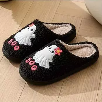 New couple cotton slippers Halloween little ghost cute cartoon bag head warm non-slip home plush slippers чёрный