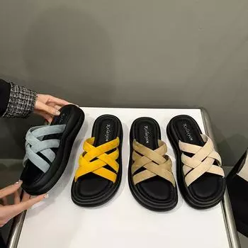 New cross-strap flat-bottomed slippers summer women wear sandals fashion soft-soled home slippers Korean version sandals women 35 синий