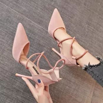 New cross-strap sandals suede high-heeled women s shoes one-button stiletto pointed sandals 34