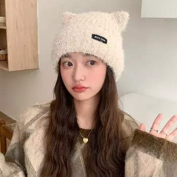 Новая милая шерстяная шапка с медвежьими ушками, женская зимняя теплая вязаная шапка, однотонная универсальная защита от холода, защита ушей, шапка-пуловер average size