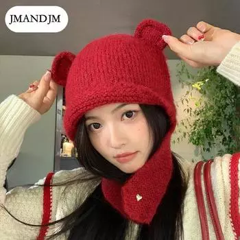 New cute bear knitted wool hat autumn and winter warm pullover hat children s outdoor cold ear protection Lei Feng hat