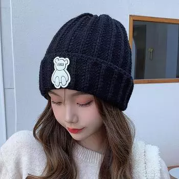 New cute bear standard trendy wool hat Japanese leisure student knitted hat autumn and winter warm ear hat children M56-58cm