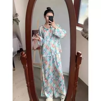 Новая милая пижама с рисунком котенка из мультфильма Ice Silk с длинным рукавом для женщин на весну и осень, новая домашняя одежда больших размеров в клетку S