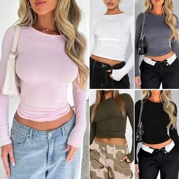 New Daily Fitness Commuting Sexy Slim Fit Y2k Base Shirt Women S Casual Loose Long Sleeved T-Shirt Top S белый