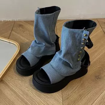 New denim rivet open-toe cool boots thick-soled muffin trousers boots thin boots small women s shoes 35