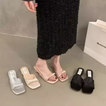 New Design Bowknot Square Toe Women Sandals Sexy Slip on Thick Heels Slippers Banquet Prom Mule Slippers Shoes Zapatos De Mujer 35