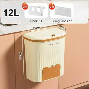 New Design Cabinet Trash Can, 8.5L/12L Hanging Kitchen Bathroom Trash Can With Lid, Compost Bin, With Garbage Bag Storage Area