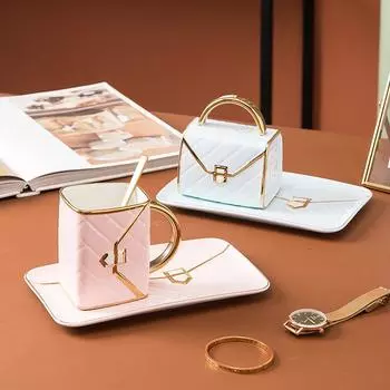New Design Coffee Cup Saucer Set Creative Shape Snack Bag Ceramic Saucer Coffee Mugs with Tray Milk Juice Tea Home Office Mug 310ml