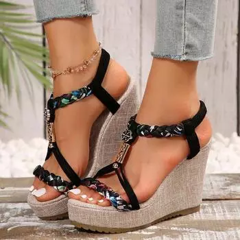 New Design Rhinestones Weaving Wedge High Heeld Sandals Womens Boho Shoe Fish Mouth Elasticity Back Strap Sandalias Plus Size 43 36 чёрный