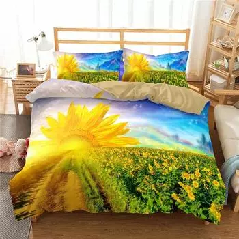 New Design Sunflower Printed 3d Bedding Set Bed Linen Bedclothes Plant Digital Printing Duvet Cover Pillowcase Queen King Size 135x200cm