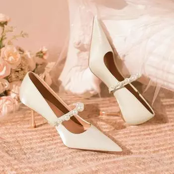 New Designer Shoes for Women Pumps Square Buckle Stilettos High Heels Wedding Shoes Pointed Toe Mary Janes Shoes Office 34 бежевый