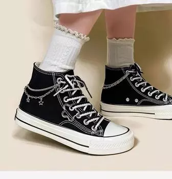 New Designers Women Chain Sneakers Fashion High Top Casual Flat Canvas Shoes Students Vulcanize Plimsolls Skateboard Espadrille 35 чёрный