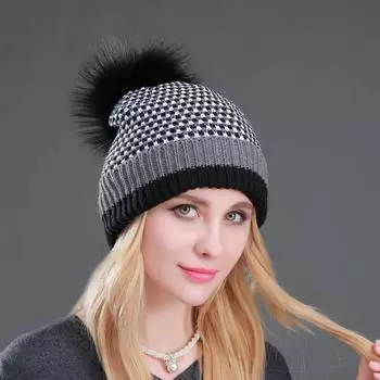 New Double layer Plus Velvet Warm Hat Winter Knitted Beanie Fashion Hats For Women Natural Raccoon Fur Pompom Female