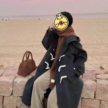 New Double-sided Wool Coat Hooded Horn Button Korean Style Loose Casual Woolen Coat S
