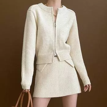 Новый комплект из двух частей свитера и юбки с длинным рукавом и двойной молнией для женщин, повседневный однотонный комплект из двух частей с юбкой, элегантный комплект из двух частей с трикотажным платьем 24825 One Size серый