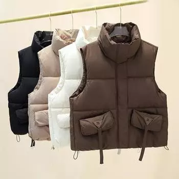 New down cotton vest women s new Korean version thin short sleeveless vest pocket streamer jacket M чёрный