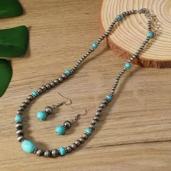 New Earrings Necklace 2-piece Fashion Turquoise Beaded Women s Earrings Necklace Chain