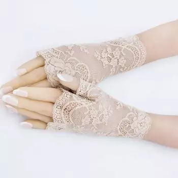 New Elastic Lace Half Finger Gloves Thin Short Finger Leakage Sun Protection Driving Non Slip UV Protection Scar Covering Tattoo Apricot(Small flowers 15cm) All yards