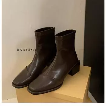 New Elastic Socks Boots Ladies Fashion Ankle Boots High Heel Thicks Heel Square Toe Short Boots Women Retro Zipper Booties 35