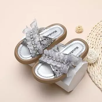 New Elegant Children s Slippers Luxury Rhinestone Girls Princess Shoes Summer Fashion Open-toe Kids Soft Beach Slippers Non-slip 26 серебряный