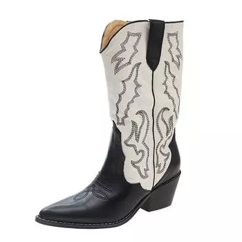 New Embroidery Women Western Cowboy Boots Fashion Slip on Thick Heels Knight Long Booties Retro Style Autumn Winter Female Shoes 35