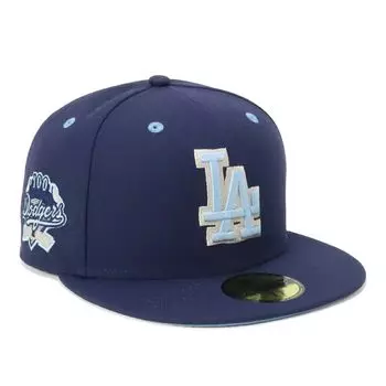 New Era 59FIFTY Cap featuring Shohei Ohtani of the MLB Los Angeles Dodgers in LA Light Also a side patch under a flat visor cap with a deep gill and a