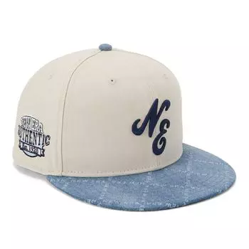 New Era 59FIFTY Cap in White and 7 Side Exclusive to NE and 5950 Side Straight Flat Summer Sun UV Protection (14693865 NER36C6397) Stone/Blue Denim,