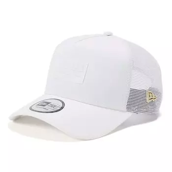 New Era 9Forty Trucker Mesh Cap with Metal Flag Logo Tonal Color Exclusive to ONSPOTZ A-Frame Patch, White, Patch,
