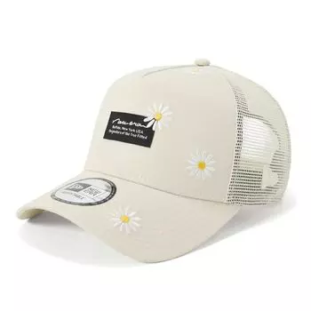 New Era 9Forty Trucker with Flower Embroidery and Woven Exclusive to A-Frame Patch, Ivory, ONSPOTZ.