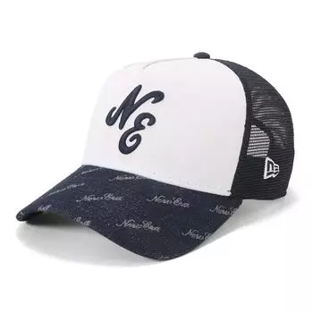 New Era Denim Monogram Mesh ONSPOTZ Free 9Forty Trucker Denim Monogram Classic NE 9FORTYA-FRAME Cap, Exclusive, White/Indigo Denim, Shipping, A-Frame