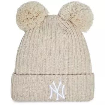 NEW ERA Вязаная шапка NY New York Yankees с двойным помпоном бежевый логотип Защита от холода [New Era] Женская [Товар]
