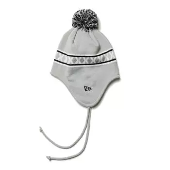 [New Era] Вязаная шапка с помпоном и ушками, светло-серая, БЕСПЛАТНАЯ ВЯЗАНАЯ ЛИНИЯ ДЛЯ УШЕЙ LGRY BLK