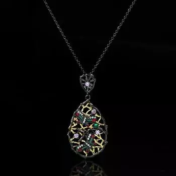 New European and American Bohemian Retro Ethnic Style Hollow Leaves Inlaid with Diamond Butterfly Pendant Necklace