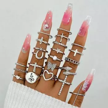 New European and American style butterfly love heart multi-joint ring creative cross snake ring 22-piece set