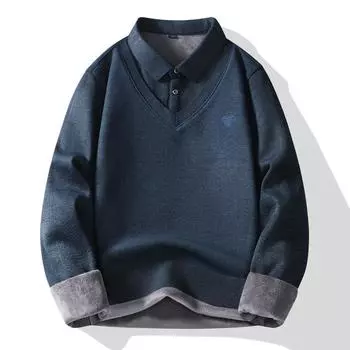 New Fake Two-piece Sweater Piled and Thickened Men s Winter Trend Splicing Shirt Collar Bottoming Knitted Sweater L