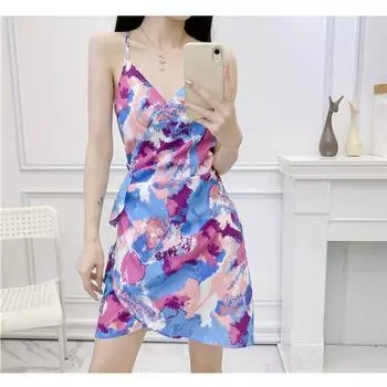 New Fall Women s Clothing Fresh Vacation Style Printed Sexy Deep V Neck Backless High Waist One Piece Shoelace Dress Print L