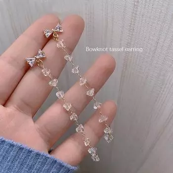 New Fashion All -Match Female Earrings Bowknot Long Crystal Tassel Earrings Female Fashion Unique Earrings