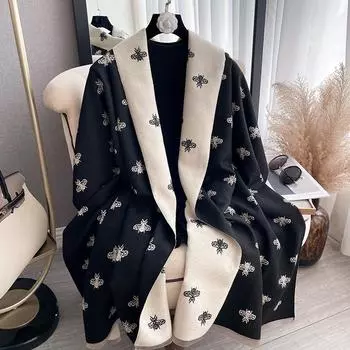 Новый модный женский жаккардовый шарф из пашмины и кашемира с узором в виде пчелы, зимний толстый теплый двусторонний цветной контрастный платок-одеяло