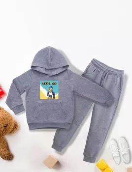 New Fashion Boys Hooded Pullover Sweatshirt & Sweatpants 2-piece Set Cartoon Unicorn Print Casual Fleece Lined Warm Sports Outfits For Autumn/ Winter 120 чёрный