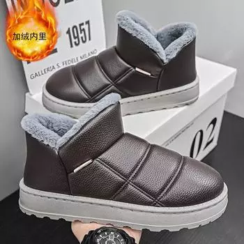 New fashion casual cotton shoes men s winter velvet warm snow boots leather waterproof short boots Northeast cotton boots 40 чёрный